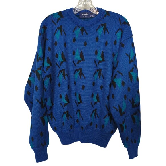 Vintage Wrangler Blue Geometric Patterned Sweater‎ Medium 100% Acrylic - Picture 1 of 12